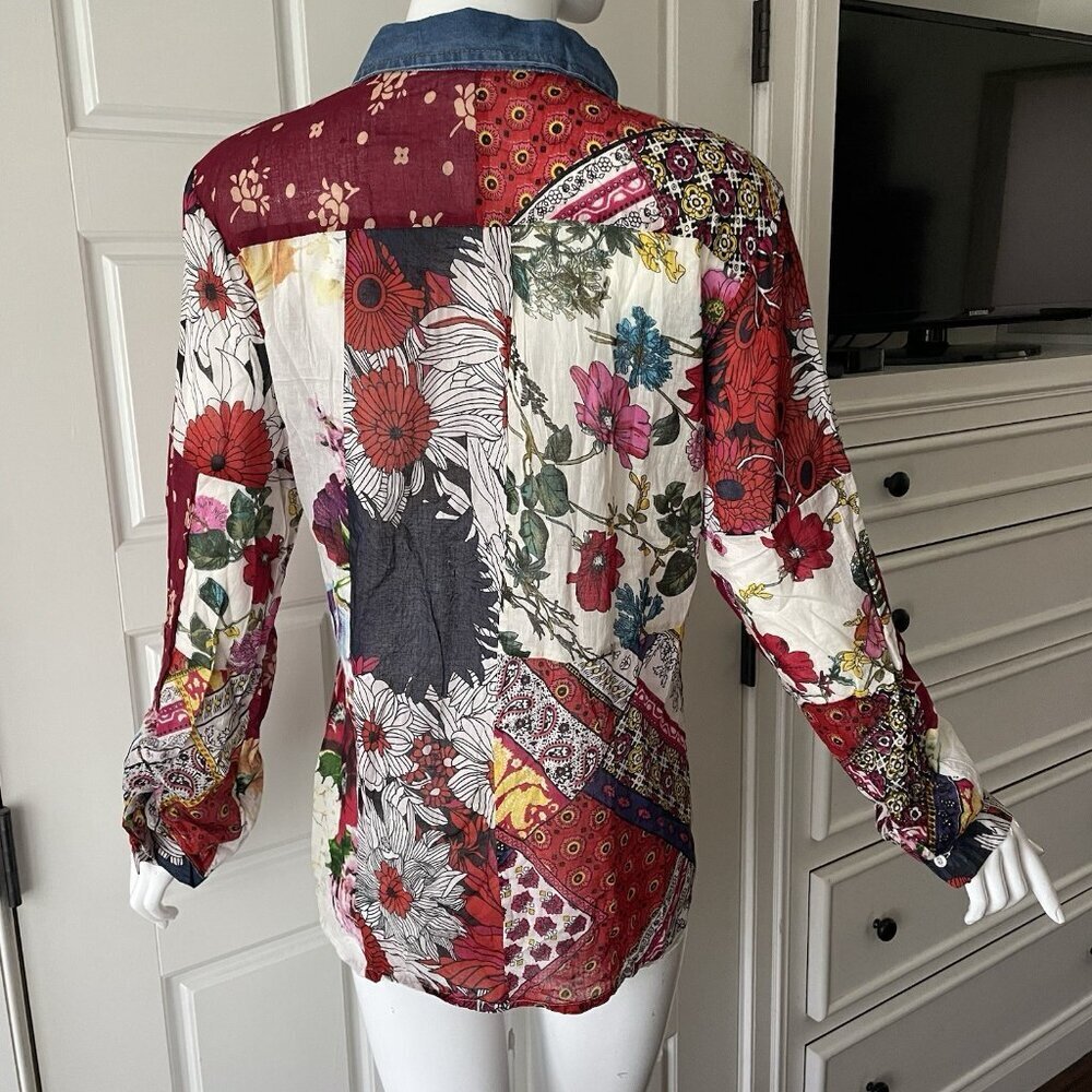VINTAGE GOA FLORAL PATCHWORK SEMI SHEER COTTON BUTTON UP ROLL TAB TOP Medium - Picture 2 of 11